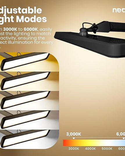 Neatfi (New Model) XL 2,500 Lumens LED Task Lamp with Clamp, 5 Light Modes, 3000-6000K Correlated Color Temperature, 30W, Dimmable, 324 Pcs SMD LED, Desk Light for Home, Office (CCT, Black)