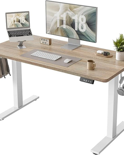 TIQLAB Electric Height Adjustable Standing Desk 47.2×23.6 inch, Sit Stand Desk with Splice Board, Memory Controller, White Frame & Maple Top Computer Workstation for Home Office