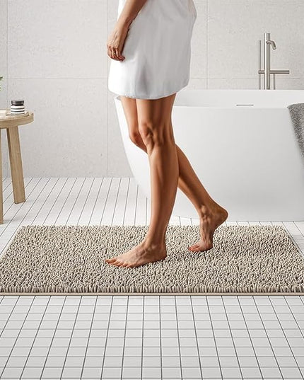 MAYSHINE Plush Shaggy Chenille Bath Mat | Extra Soft, Super Absorbent, Non-Slip Bathroom Rug | Fluffy Microfiber, Area Rug Sets for Bathroom Floor, Kitchen, Living Room | 47"x27" | Beige