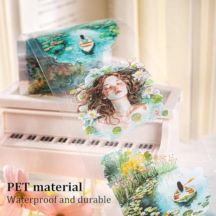 AuriicLeaf Dreamy Floral PET Tape Set with Clip, 6 Rolls Pre-Cut Vintage Tape for Journaling, Scrapbooking, DIY Crafts, and Planners