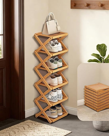 YYW Shoe Rack, Foldable Shoes Organizer Free Standing Shelf for Entryway, Closet, Hallway, Foldable X Shape Multi Tier Shoe Rack (Wood Color,6 Layers)