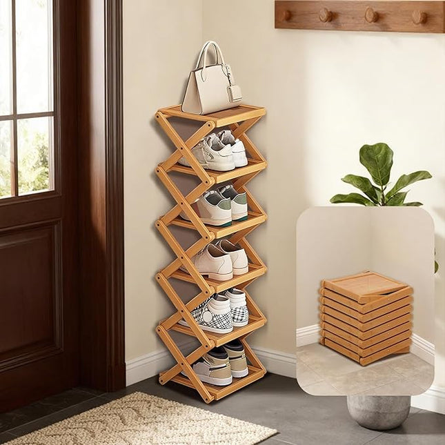 YYW Shoe Rack, Foldable Shoes Organizer Free Standing Shelf for Entryway, Closet, Hallway, Foldable X Shape Multi Tier Shoe Rack (Wood Color,6 Layers)