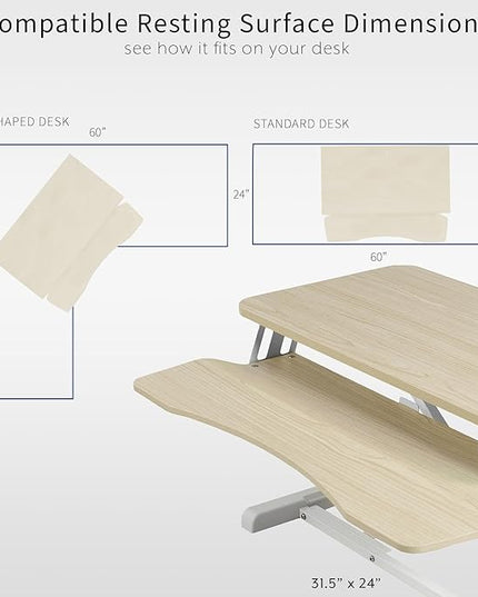 VIVO 32 inch Desk Converter, K Series, Height Adjustable Sit to Stand Riser, Dual Monitor and Laptop Workstation with Wide Keyboard Tray, Light Wood Top, White Frame, DESK-V000KF