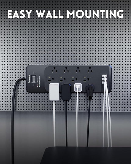 PLUGTUL Surge Protector Power Strip 5FT(4080J), Black Surge Protector with 12 Outlets - Spacious Design for Large Plugs, Flat Plug, 20W USB C Charging for Home, Office, ETL Listed