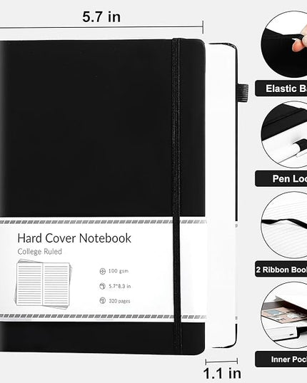 CAGIE Journal Notebook for Men Women 320 Pages Journaling Notebooks Leather Journals for Writing Hardcover for Work Diary Lined A5, Black