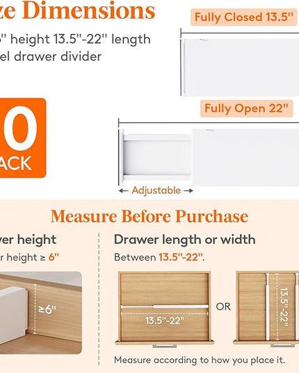 Lifewit 10 Pack Drawer Dividers Plastic 6" High, 13.5-22" Adjustable Drawer Organizers for Clothes, Expandable Dresser Separators in Bedroom/Bathroom/Kitchen/Fridge/Office Organization and Storage