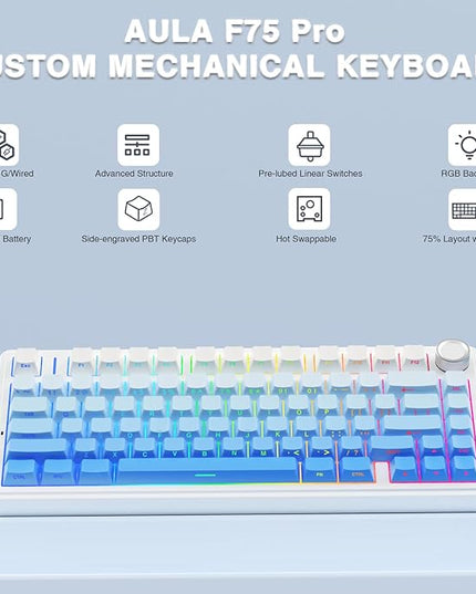 AULA F75 Pro Wireless Mechanical Keyboard,75% Hot Swappable Custom Keyboard,RGB Backlit,Pre-lubed Linear Switches,Side Printed PBT Keycaps Mechanical Gaming Keyboards,Gradient Blue