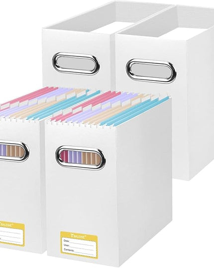 BALEINE File Organizer Box, Cardboard File Folder Organizer with Handle for Letter Size, Portable Collapsible Hanging Filing Box for Home Office Document Storage (4 Pack, White)