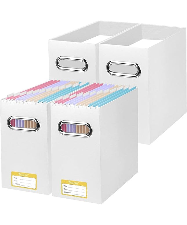 BALEINE File Organizer Box, Cardboard File Folder Organizer with Handle for Letter Size, Portable Collapsible Hanging Filing Box for Home Office Document Storage (4 Pack, White)