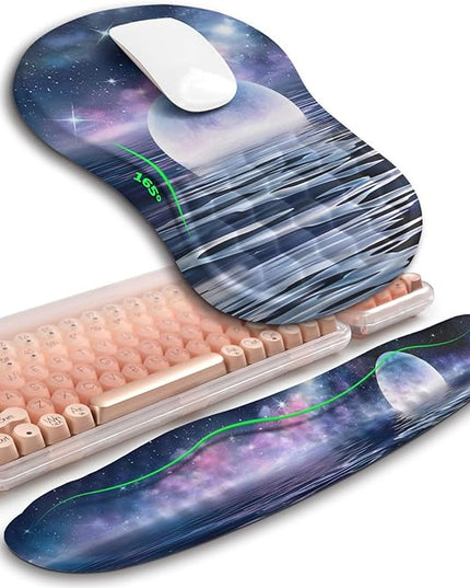 Hokafenle 2in1 Combination, Wave Keyboard Wrist Rest and Ergonomic Curvature Mouse Pad Wrist Support for Relieve Wrist Pain, Filled with Soft Cushion Memory Foam, Moonlit Starry Sea