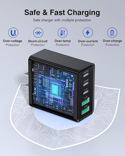 [2-Pack] USB C Wall Charger, 60W Type C Charger Block 5-Port Fast Charging Blocks,3USB C+2USB A Multiport Plug,PD Power Adapter Brick Cube for iPhone 17/16/15/14/13/Pro,iPad,Samsung,for Switch（Black）