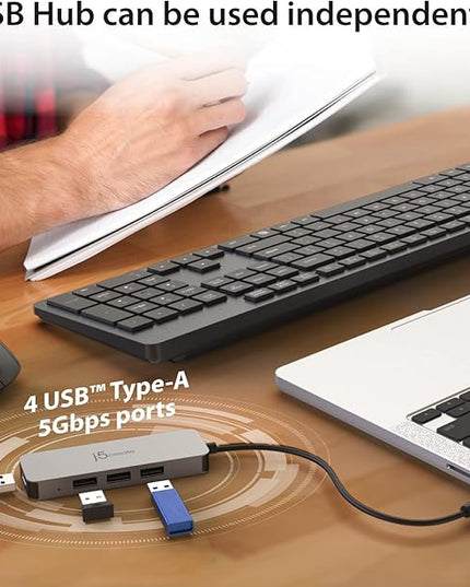 j5create Portable Aluminum Laptop Stand with USB 4-Port Hub, Foldable and Adjustable Notebook Riser with 4 USB-A Ports for MacBook, Laptop, and Tablet up to 16" (JTS223)