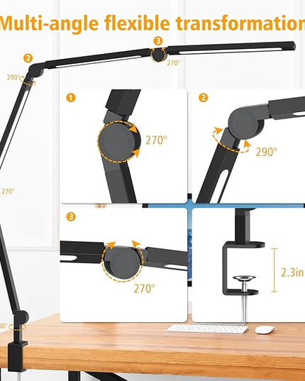 LED Desk Lamp with Clamp, Adjustable Swing Arm for Home Office, Dimmable Tempering Eye Care Table Light, Black Aluminum