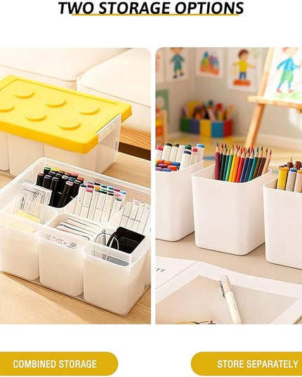 loobuu Plastic Storage Bins with Lids, Art Craft Supply Organizer Box with Brush Pot, Multipurpose Stackable Storage Containers for Organizing Tool, Craft, Crayon,Sewing(Yellow)