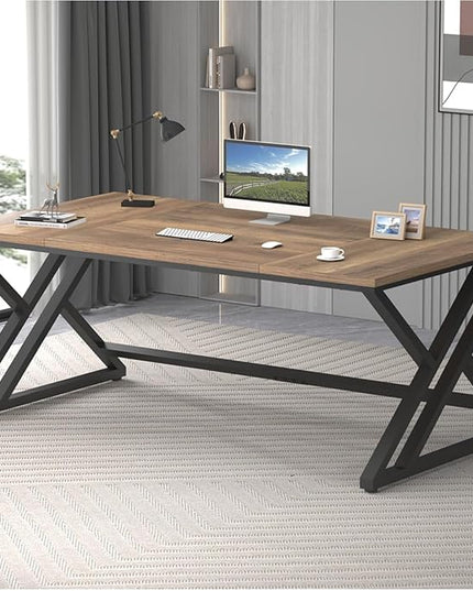 LVB Rustic Large Computer Desk, Industrial Extra Long Home Office Desk, Wood Pc Writing Work Study Computer Table Desk, Farmhouse Workstation Gaming Executive Desk for 2 Person, Rustic Oak, 70 Inch