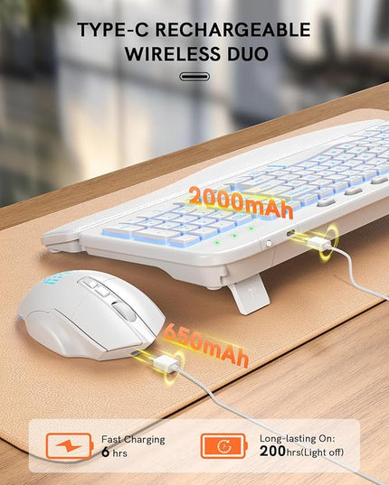 SABLUTE Ergonomic Wireless Keyboard and Mouse Combo - Wave Keyboard with Soft Leather Wrist Rest, Resistant Keys, RGB Backlit Rechargeable Set for PC/Mac/Chromebook (White)