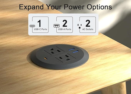 Desktop Power Grommet - 3-inch PD30W USB C Desk Fast Charging Station,3-USB Port,Flush Mounted for 3-1/8" Desk Grommet Holes,Round Recessed Power Outlet,ETL-Certified,6.3 ft Cord,Black