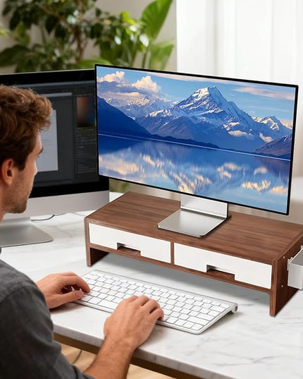Desk Monitor Stand Riser - Double Drawer Organizer, Ergonomic Adjustable Shelf, Durable Wooden Desktop | Space-Saving Computer Accessory for Home Office Study and Bedroom Setup