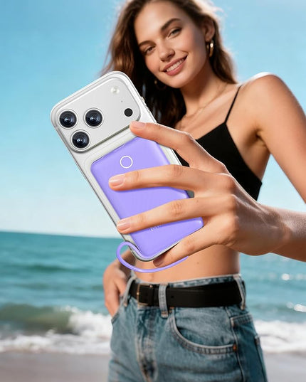 miisso 10000mAh Mini Portable Charger with Built in Cable, Pocket Size Power Bank Travel External Battery Pack for Phone, 3 Output USB Type C Cord Clutch Compatible with iPhone, Samsung, Purple
