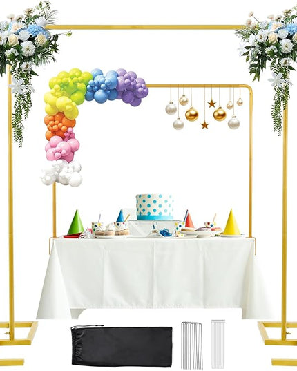 8.2FT x 8FT Backdrop Stand Heavy Duty with Base, Gold Portable Adjustable Pipe and Drape Backdrop Stand Kit, Over The Table Rod Stand with Clamps, Square Metal Arch Party Frame for Birthday Decor