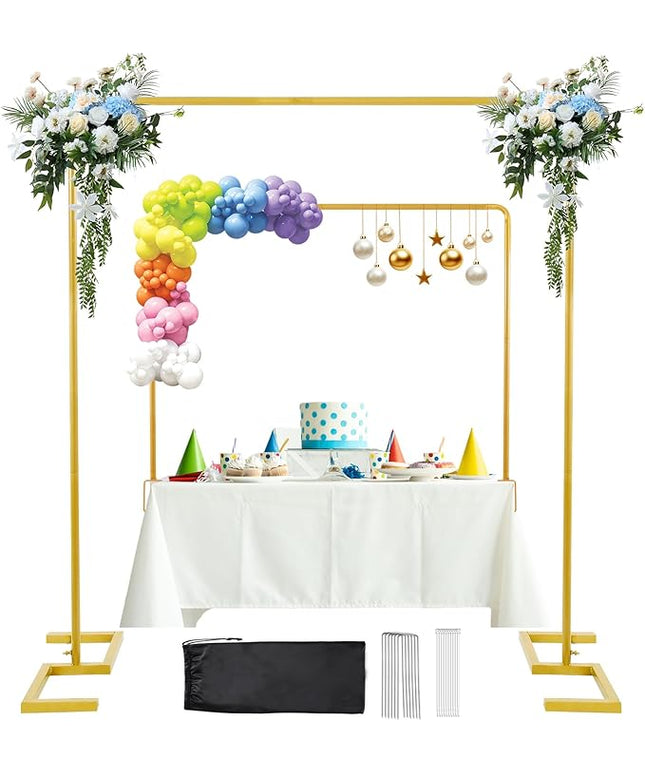 8.2FT x 8FT Backdrop Stand Heavy Duty with Base, Gold Portable Adjustable Pipe and Drape Backdrop Stand Kit, Over The Table Rod Stand with Clamps, Square Metal Arch Party Frame for Birthday Decor