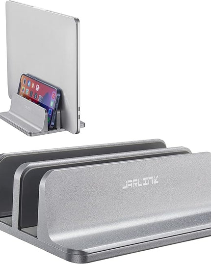 JARLINK Vertical Laptop Stand Holder, Aluminum Double Desktop Stand Holder with Adjustable Dock (Up to 17.3 inch), Compatible with MacBook, Surface, Chromebook, and Gaming Laptops, Grey
