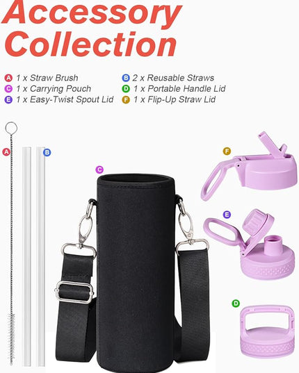 Coolflask Water Bottle 24 oz Insulated with Straw, Stainless Steel Metal 3 Lids Water Flask Wide Mouth for Sports or Office, Non-BPA Keep Cold Up to 48 Hrs or Hot Up to 24 Hrs, Glitter Pink