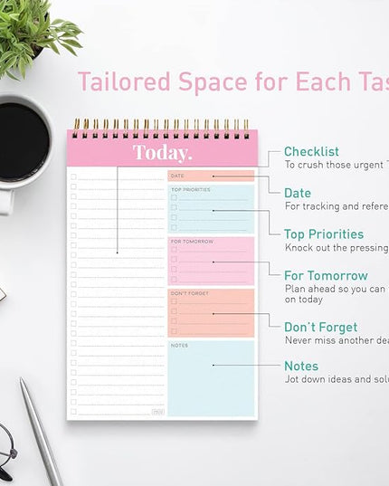 Sweetzer & Orange Daily & Weekly To Do List Notepad – Undated Work Planner & Organizer with Wish List Section, 52-Sheet Coiled Task Pad for Productivity – PINK To Do List Notebook for Work