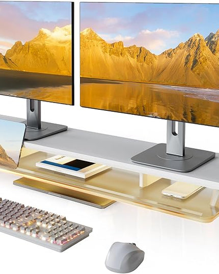 Fenge Dual Monitor Stand, 2 Tiers Acrylic Monitor Riser with LED Lights, 42.5 Inch Wood and Aluminum Desk Shelf with Phone and Tablet Holder