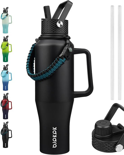 BJPKPK Insulated Water Bottles with Straw Lid, 40oz Metal Water Bottle with 2 lids & Paracord Strap, Double Wall Stainless Steel Tumbler with Handle, Reusable Cups, Mugs, Thermo, Black