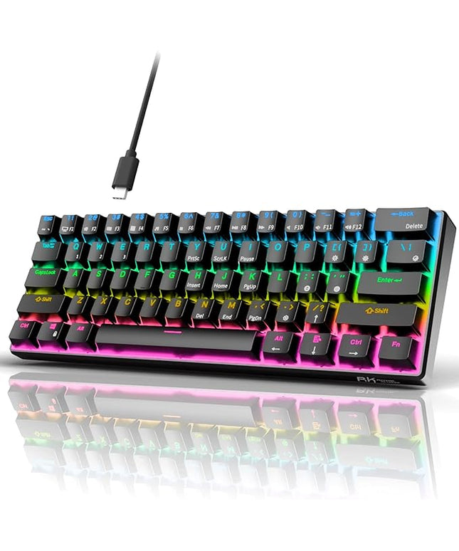 RK ROYAL KLUDGE RK61 Wired 60% Mechanical Gaming Keyboard Programmable QMK/VIA RGB Backlit 61 Keys Ultra-Compact Hot Swappable Blue Switch Black