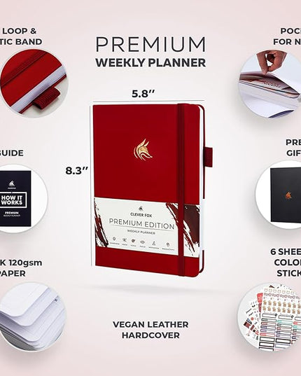 Clever Fox Planner Premium Edition – Undated Luxurious Weekly & Monthly Planner to Increase Productivity and Hit Your Goals – Organizer – Start Anytime, A5, Lasts 1 Year, Red (Weekly)