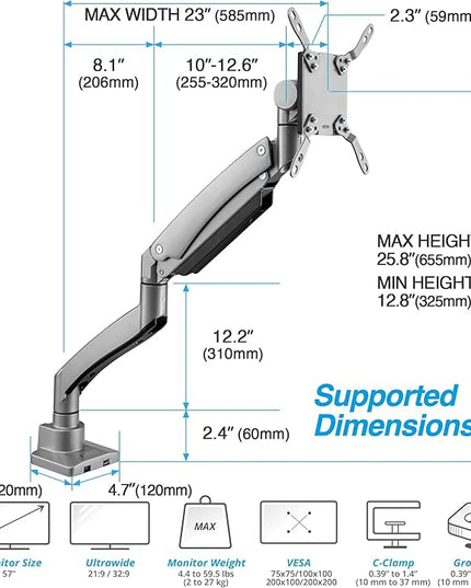 AVLT Single 17"-57" Super Ultrawide Monitor Arm for Screens Up to 59.5 lbs, Premium Aluminum Desk Stand, Adjustable Pneumatic Height, Full Motion Swivel Tilt Rotation, USB-C & USB-A Ports, Gray