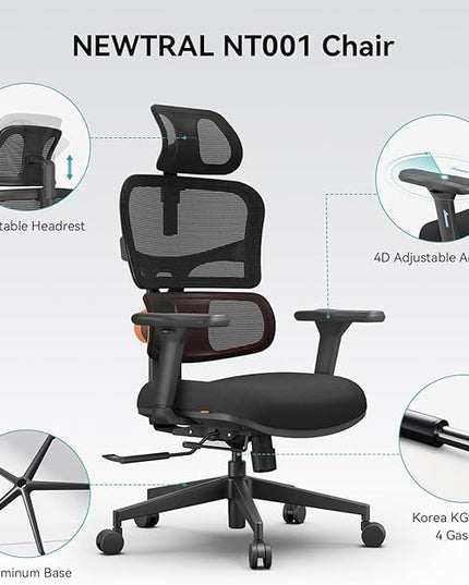 Newtral Office Chair Ergonomic - Home Office Desk Chair, Big and Tall Office Chair, Auto-Following Lumbar Support for Back Pain, Adjustable Seat Depth and Height (No Foot Rest + Laptop Table, Black)