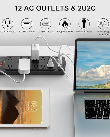 6 Ft Extension Cord Power Strip, Teiobar Surge Protector with 12 AC Outlets and 4 USB Ports for Home, Office, Dorm Essentials, 1875W/15A, 2700 Joules, ETL Listed, Black
