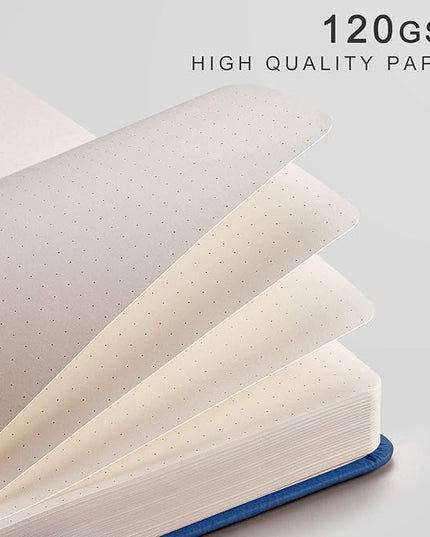 EMSHOI A5 Dotted Journal - 256 Pages with 120gsm Thick Dot Grid Paper, Hardcover Leather Dotted Notebook, 16 Perforated Pages, Pen Loop & Inner Pocket, for Bullet Journaling, 5.75” x 8.38”, Blue