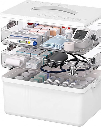 Citylife 3-Tier Medicine Cabinet Organizer,Medicine Cabinet First Aid Kit with Handle,Portable Multi-Purpose Storage Box Suitable for Family Emergency,Home,Travel,White