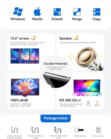 15.6" Quad Laptop Screen Extender,FHD 1080P Triple Portable Monitor with 30" Combined Display(Landscape/Portrait),One-Cable Connection and Driver Required,Compatible with Wins & Mac(M1/M2/ M3/M4/M5)