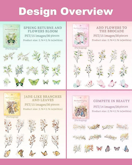 AuriicLeaf Butterfly and Branch PET Sticker Set, 118PCS Botanical Stickers for Scrapbooking, Journaling, DIY Crafts, and Planner Supplies
