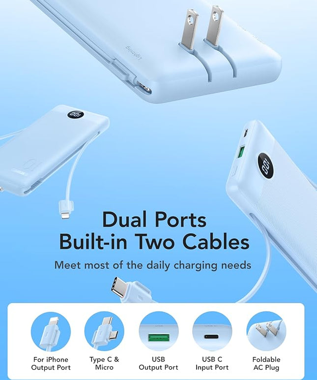 VRURC Portable Charger with Wall Plug and Cables, 10000mAh Power Bank with 22.5W Fast Charging USB Port,4 Outputs Dual Inputs Slim Compact Rechargeable Battery Pack Travel Accessories-Blue(1 Pack)