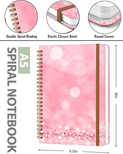 Spiral Journal Notebook for Women, Hardcover A5 College Ruled Notebook, 120 Pages, Thick Paper, Cute Lined Journal for School, Office & Work, 6 x 8.4 in(Pink Glitter)