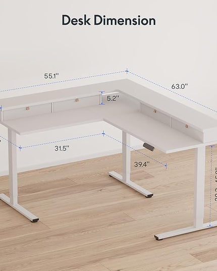FLEXISPOT 63" L Shaped Standing Desk with Shelf Electric Corner Table, Drawers, Adjustable Computer Workstation for Home, Office,63x55in, White Top + White Frame