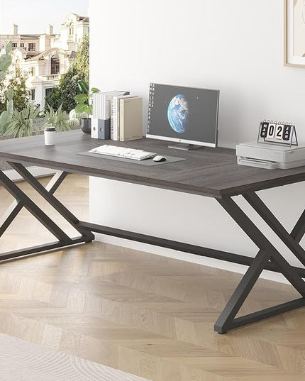 LVB 78.7 Long Executive Desk, Modern Large Computer Office Desk, Wood Metal Simple Pc Study Gaming Writing Table, Industrial Laptop Desk Workstation for Home Bedroom Living Room, Dark Gray, 78.7 Inch
