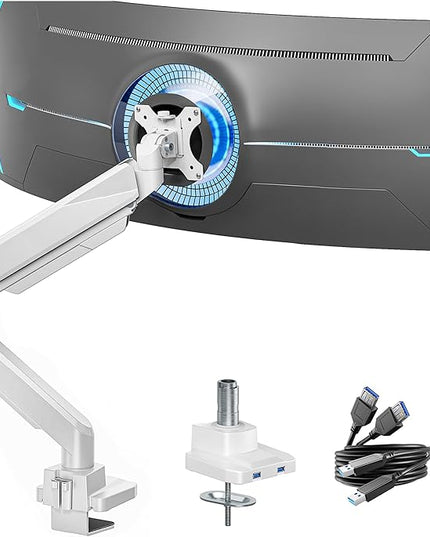 ARES WING Single Monitor Arm, Heavy Duty Adjustable Monitor Arm for 13"-49" Screens with USB, Gas Spring Desk Mount Stand with C Clamp/Grommet Mounting Base up to 40lbs Computer, White