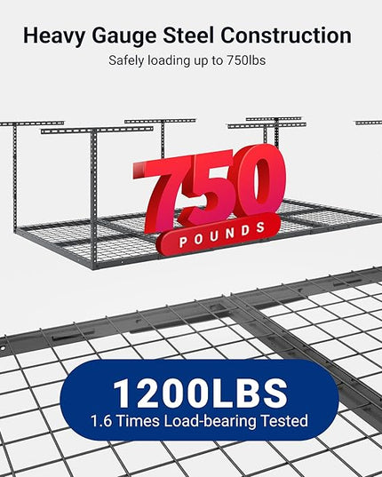 FLEXIMOUNTS 4x8 Overhead Garage Storage Rack, Adjustable Organization System, Heavy-Duty Metal Ceiling Racks, 750lbs Weight Capacity, Hammertone, Classic Series