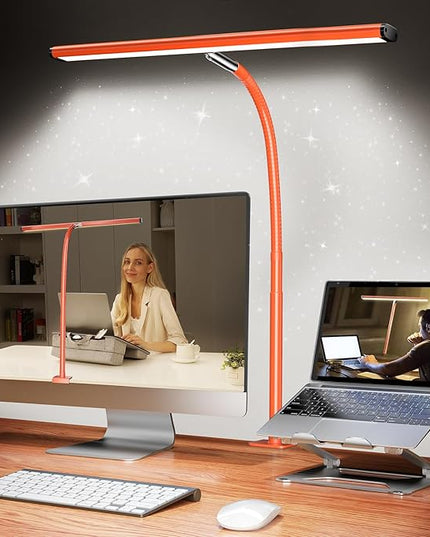 LED Desk Lamp for Office Home, Eye-Caring Desk Light with Stepless Dimming Adjustable Flexible Gooseneck, 10W USB Adapter Desk Lamp with Clamp for Reading, Study, Workbench (Orange)