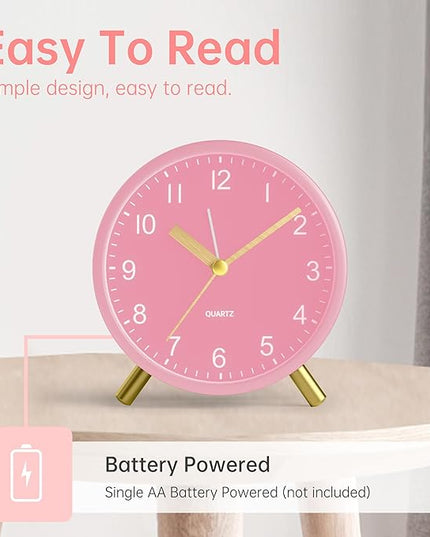 Analog Alarm Clock, 4 inch Super Silent Non Ticking Small Clock with Night Light, Battery Operated, Simple Design, easy setting for Office, Bedroom, Bedside, Desk, teens, elders, kids, adult, Pink