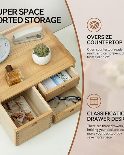 KIRIGEN Desk Organizer with 3 Drawers - Wood Drawer Storage Box with Trays for Tabletop - Workspace Office Toiletries Supplies Tool Caddy - Wooden Storage Cabinet Natural（DT1D3C-NA）