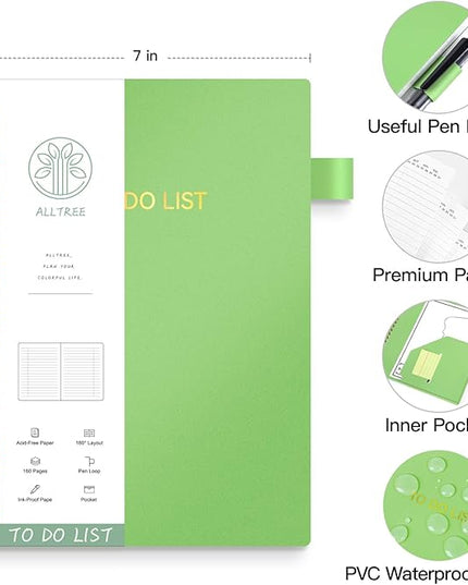 ALLTREE To Do List Notepad Spiral Planner, Daily Task Tracker with Wide Lined Notebooks, Work Planner with Pocket, Pen Loop, 160 Pages, Green (7"x10")