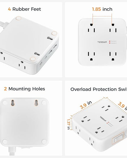 TESSAN Surge Protector Power Strip, 5 Ft Extension Cord Flat Wall Plug with 4 USB (2 USB C) 8 Outlets, 2100J Dual Surge Protection, 20W Multiple Charging Station for Home, Office, College, Dorm Room